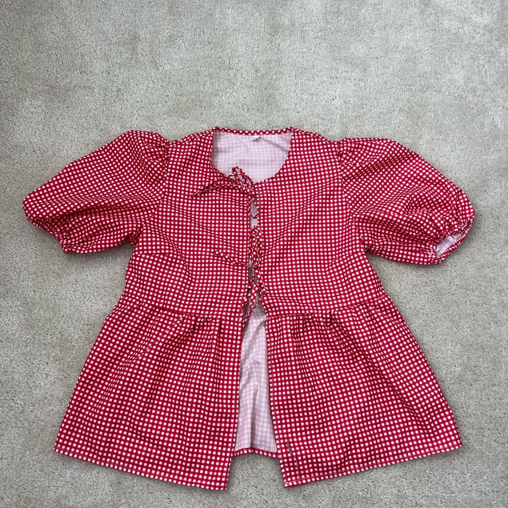 Red Gingham Puff Sleeve Jacket